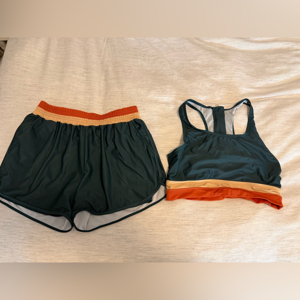 Dark Teal Stripe Bikini Top and Shorts Set